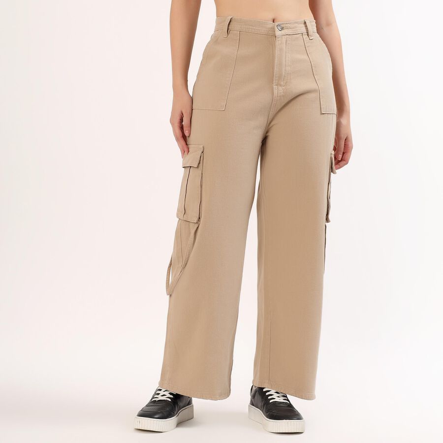 Women's Beige Wide Leg Cargo Jeans, ऑफ व्हाइट, large image number null