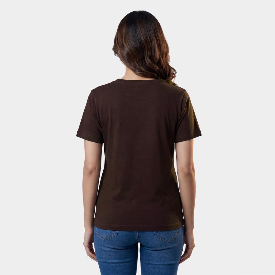 Women's Brown Cotton Round Neck Minimalist T-Shirt, Brown, large