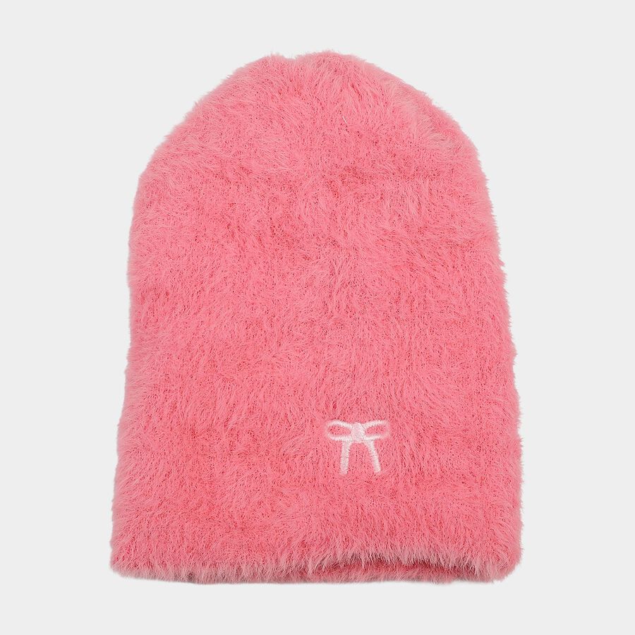 Girls' Pink Embroidered Bow Beanie Cap, गुलाबी, large