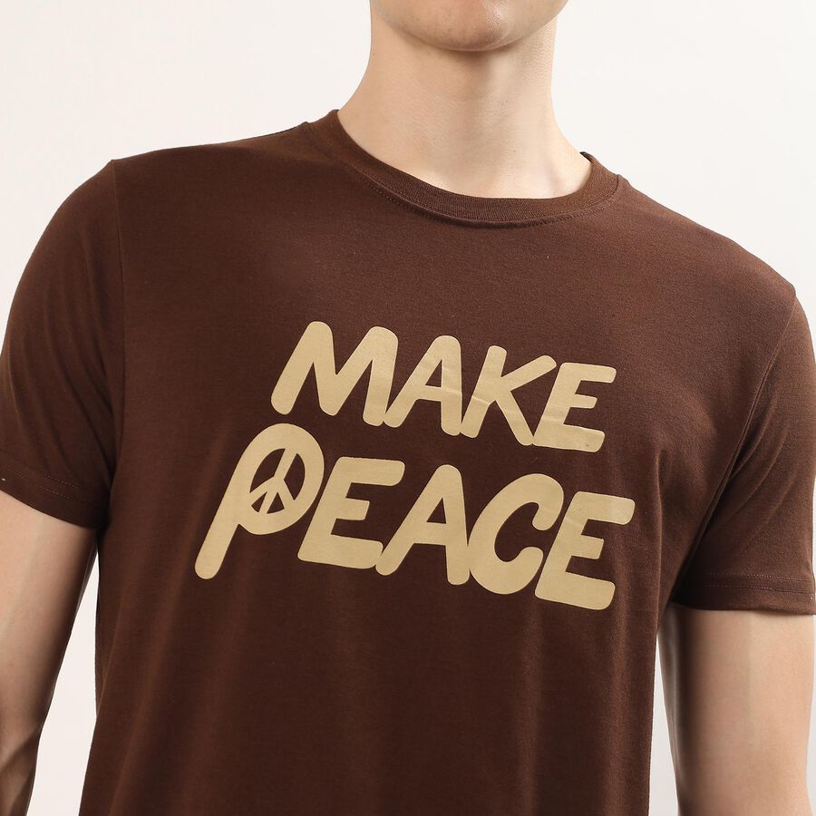 Men's Brown Round Neck Graphic Printed T-Shirt, Brown, large