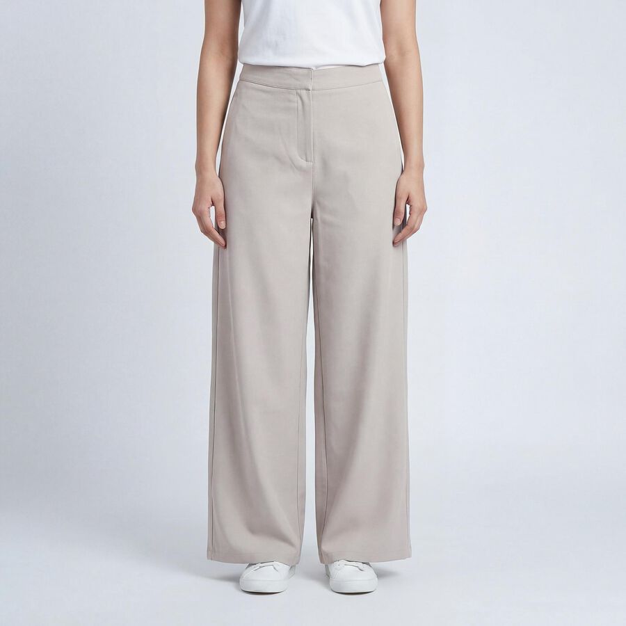 Women's Light Grey Wide-Leg Flat-Front Trousers, हल्का ग्रे, large