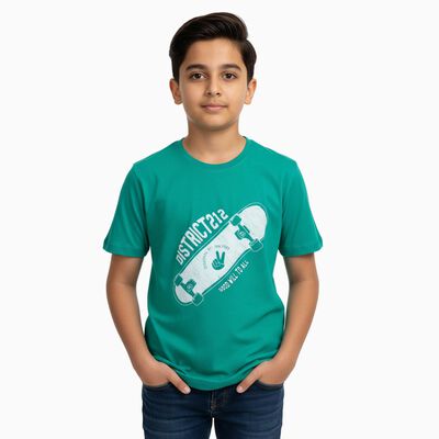 Boys' Bright Emerald Green Round Neck Graphic Printed T-Shirt