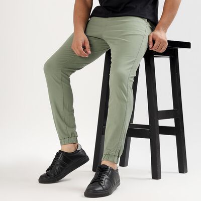 Men's Muted Sage Green Slim Fit Elastic Waist Casual Trousers