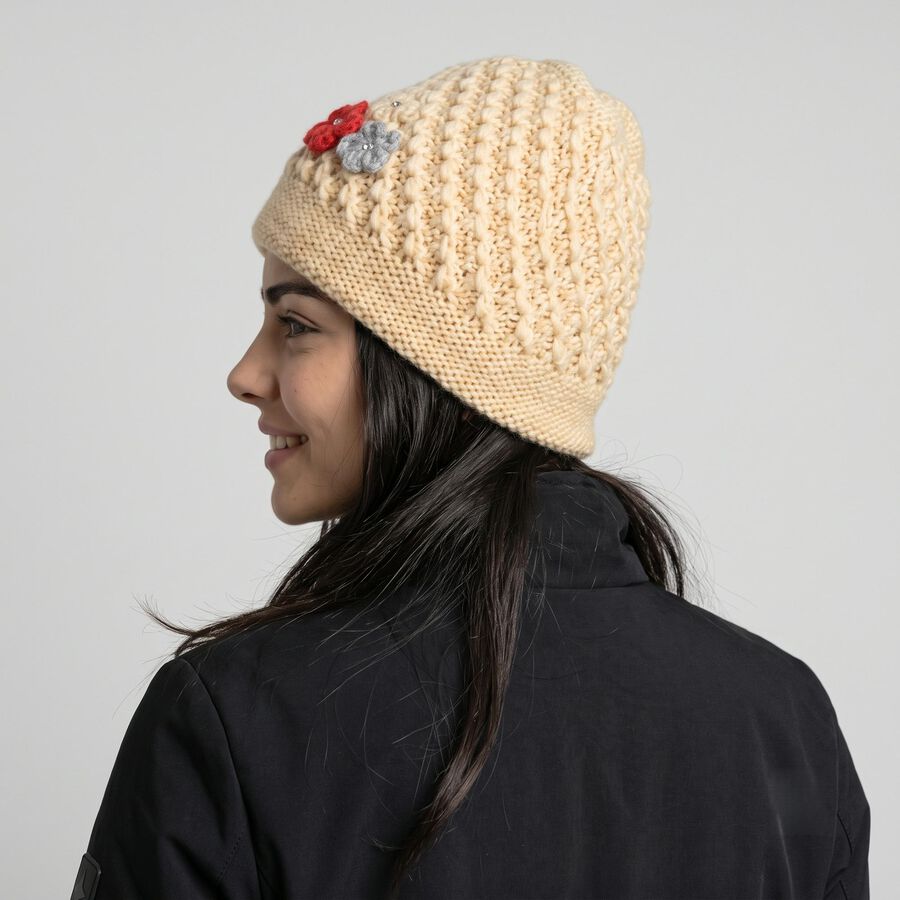 Women's Beige Floral Embellished Beanie Cap, गहरा पीला, large