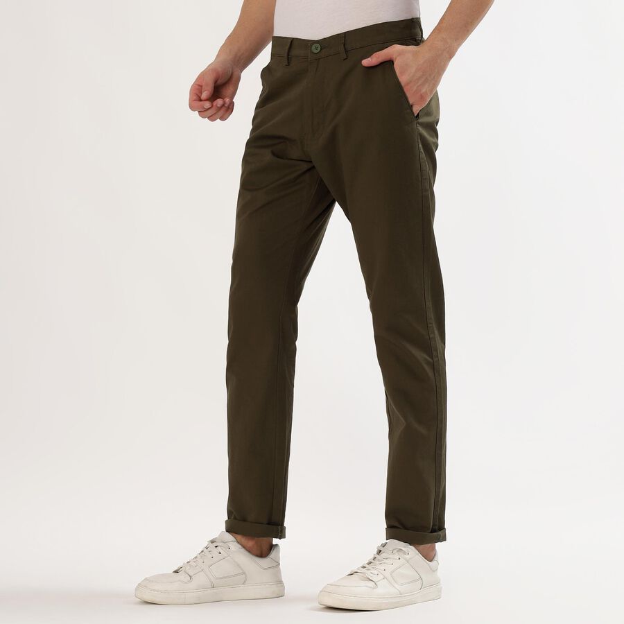 Men's Muted Olive Green Slim Fit Flat-Front Casual Trousers, Olive, large image number null