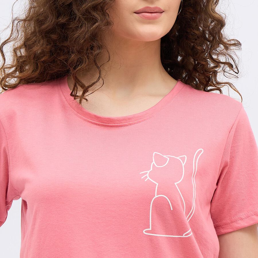Girls' Bright Pink Round Neck Printed T-Shirt, Pink, large image number null