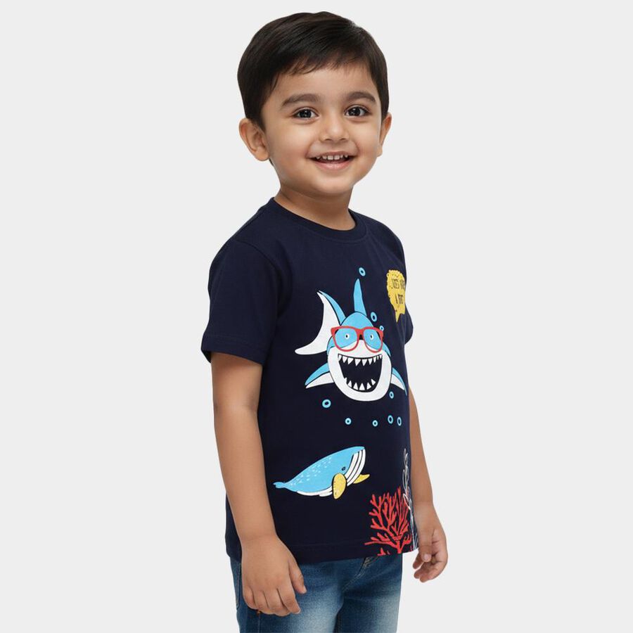 Boys Navy Blue Cotton Crew Neck Casual T-Shirt, Navy Blue, large