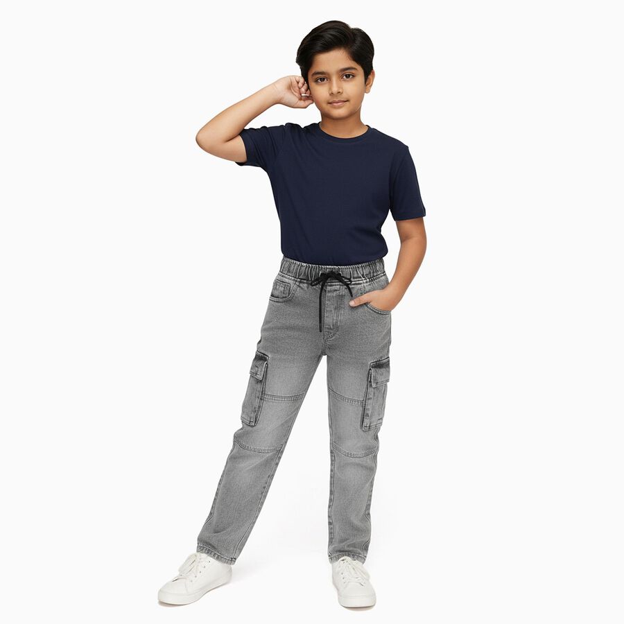 Boys' Muted Grey Relaxed Fit Cargo Jeans, Light Grey, large image number null