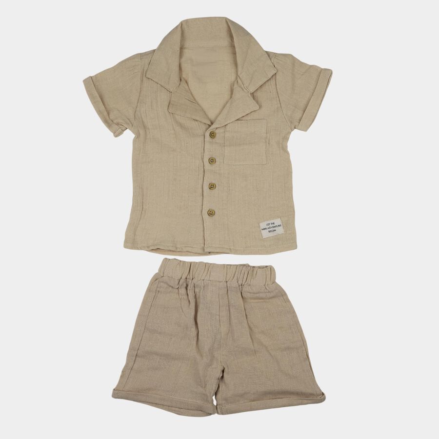 Infants' Beige Cotton Collared Textured Baba Suit, Beige, large