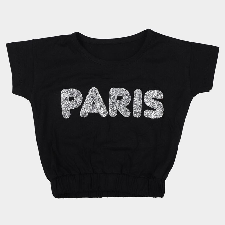 Girls Black Cotton Round Neck Casual T-Shirt, काला, large