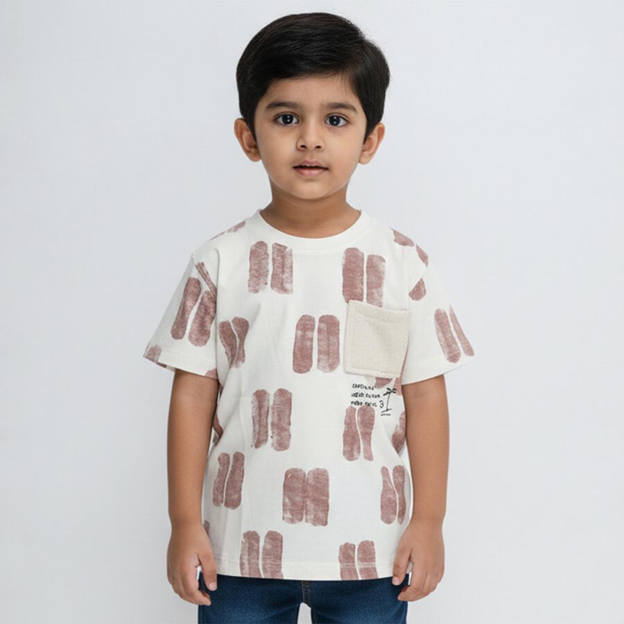 Boys Off-White Cotton Round Neck Casual T-Shirt, भूरा, large image number null