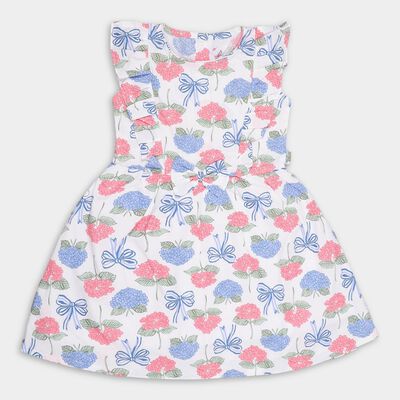 Girls' White Floral Printed Sleeveless Flared Frock
