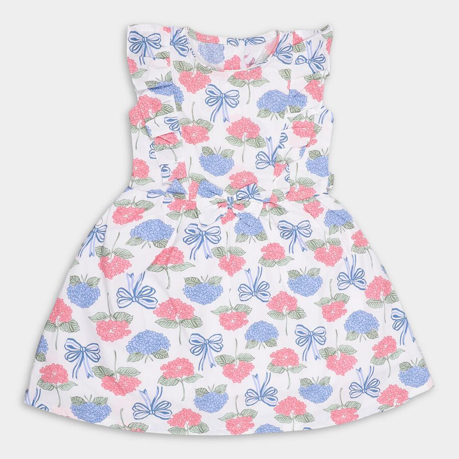 Girls' White Floral Printed Sleeveless Flared Frock, Off White, large image number null