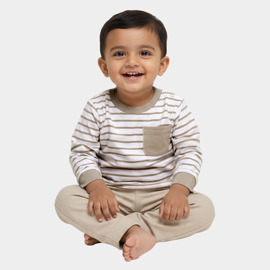 Infants' Beige and White Cotton Crew Neck Casual T-Shirt, Beige, large image number null