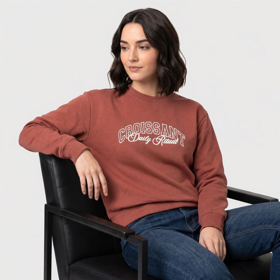 Women Pink Crew Neck Pullover Sweatshirt, Pink, large