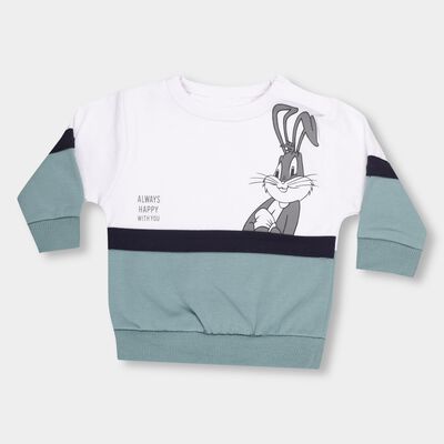 Infants White and Green Crew Neck Cartoon Printed Sweatshirt