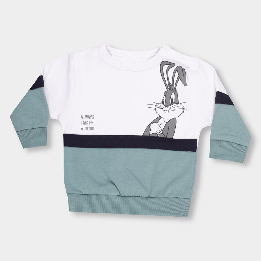 Infants White and Green Crew Neck Cartoon Printed Sweatshirt, टील ब्लू, large image number null
