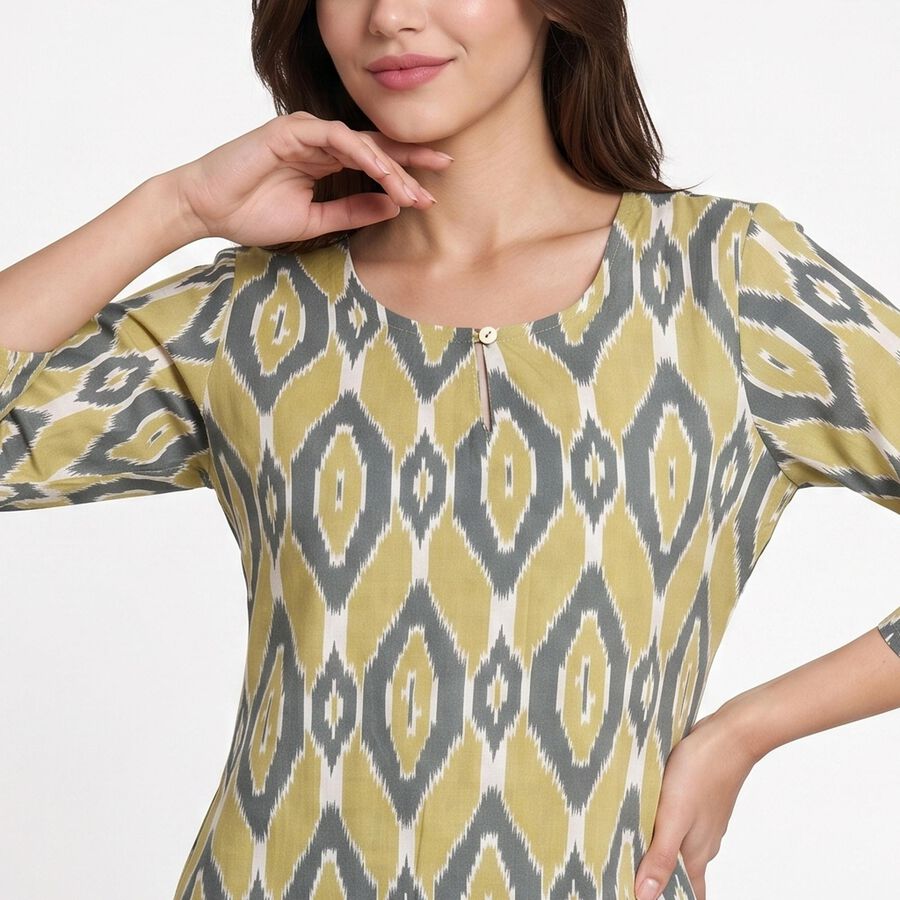 Women's Olive Green Round Neck Ikat Printed Kurti, हल्का हरा, large