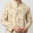 Men's Beige Cotton Mandarin Collar Printed Kurta, Beige, small