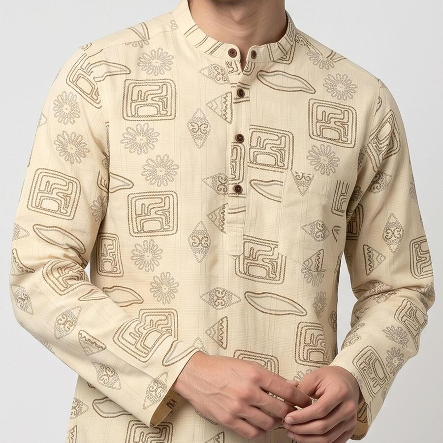 Men's Beige Cotton Mandarin Collar Printed Kurta, Beige, large
