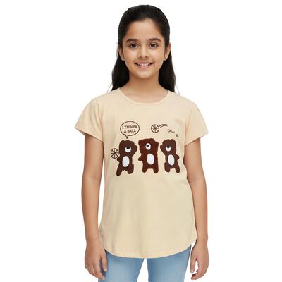 Girls Light Beige Cotton Round Neck Cartoon Printed T-Shirt
