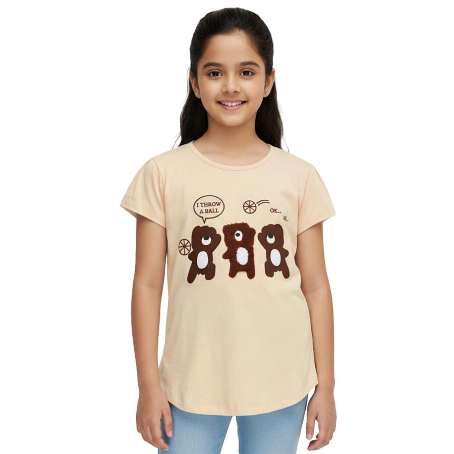 Girls Light Beige Cotton Round Neck Cartoon Printed T-Shirt, Beige, large