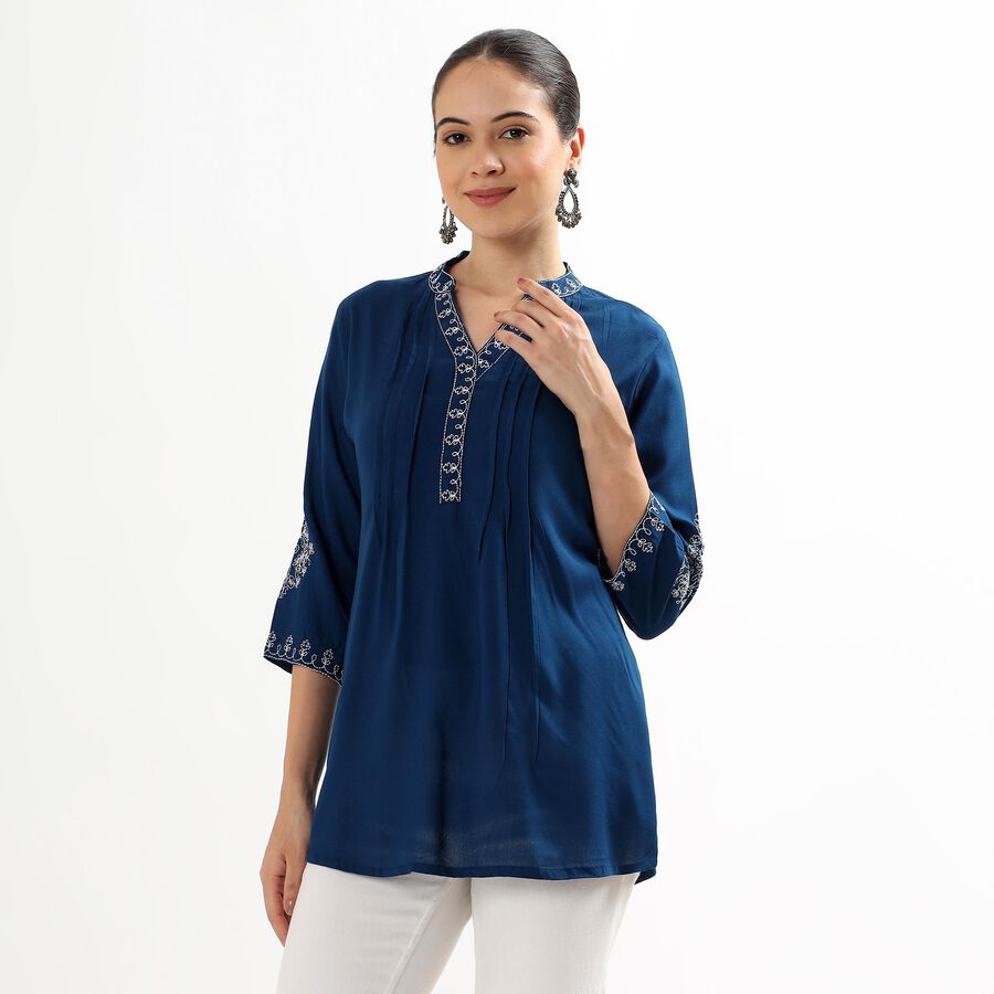 Ladies' Deep Midnight Blue V-Neck Embroidered Kurti, Teal Blue, large image number null