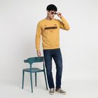 Men's Mustard Crew Neck Graphic Print Pullover Sweatshirt, Mustard, small