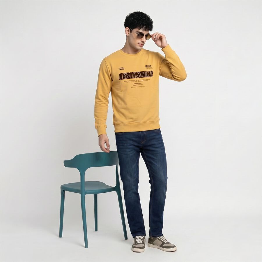Men's Mustard Crew Neck Graphic Print Pullover Sweatshirt, Mustard, large