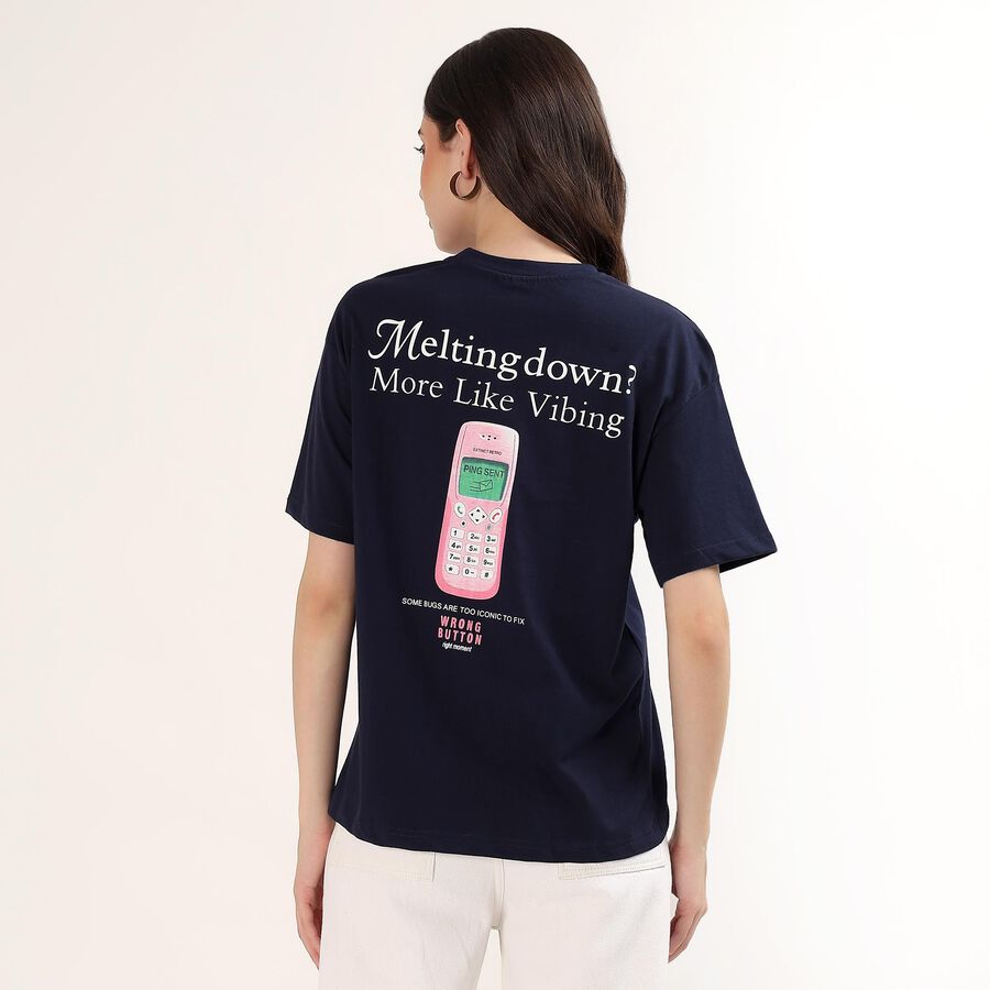 Women's Navy Blue Cotton Round Neck Casual T-Shirt, नेवी ब्लू, large