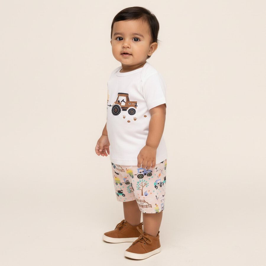 Infants' White Cotton Round Neck Tractor Print Baba Suit, Beige, large