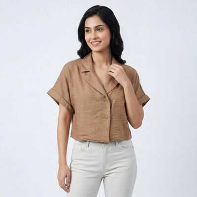 Women Beige Half Sleeve Notched Collar Casual Shirt