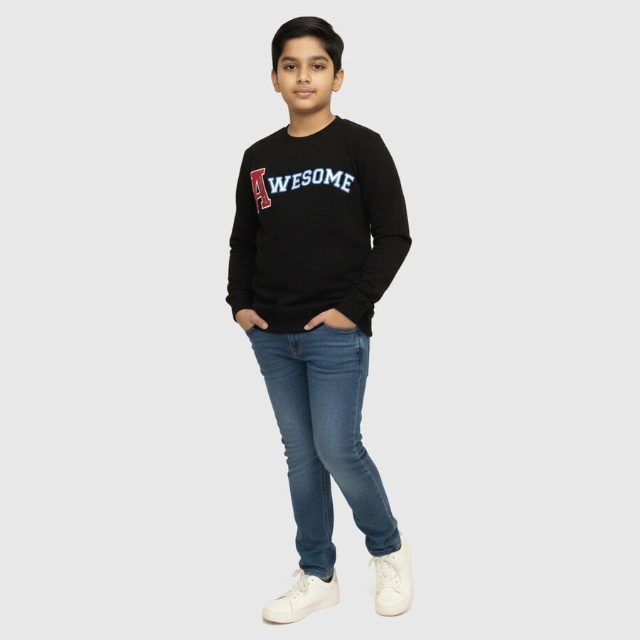 Boys Jet Black Crew Neck Graphic Sweatshirt, काला, large image number null