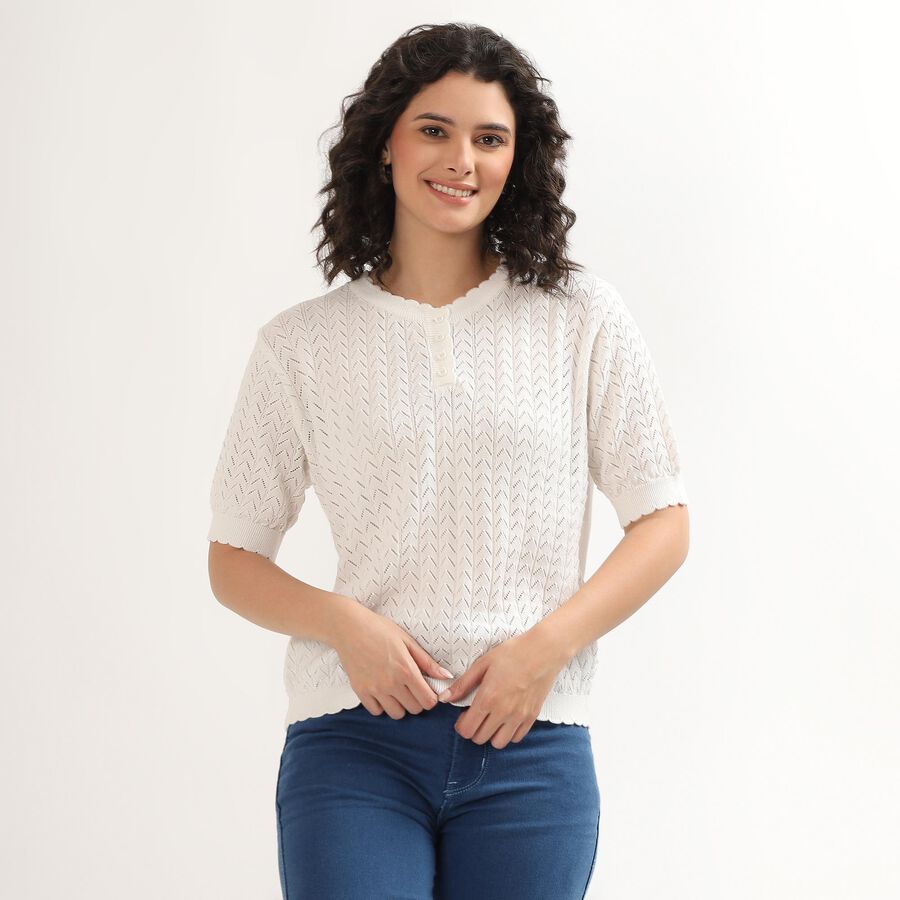 Women's Rich Eggshell White Buttoned Round Neck Casual Top, सफ़ेद, large