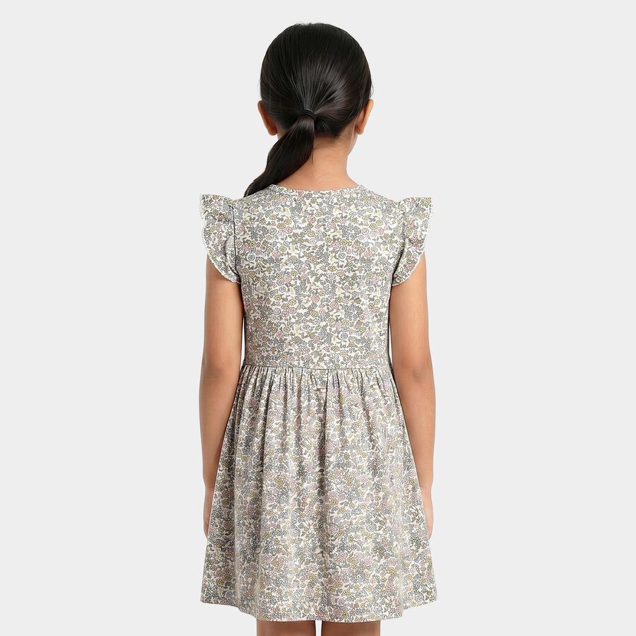 Girls' Cream Floral Printed Fit and Flare Frock, ऑफ व्हाइट, large