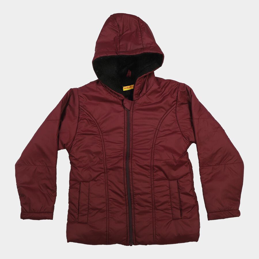Girls' Wine Hooded Puffer Jacket, Wine, large