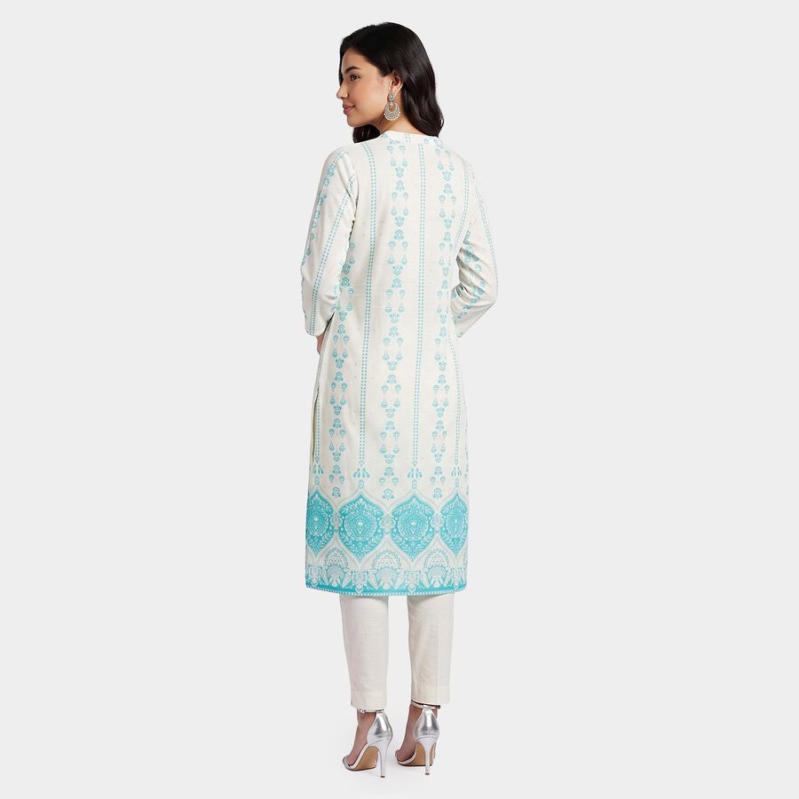 Women's Turquoise Band Collar Floral Printed Straight Kurta, Aqua, large