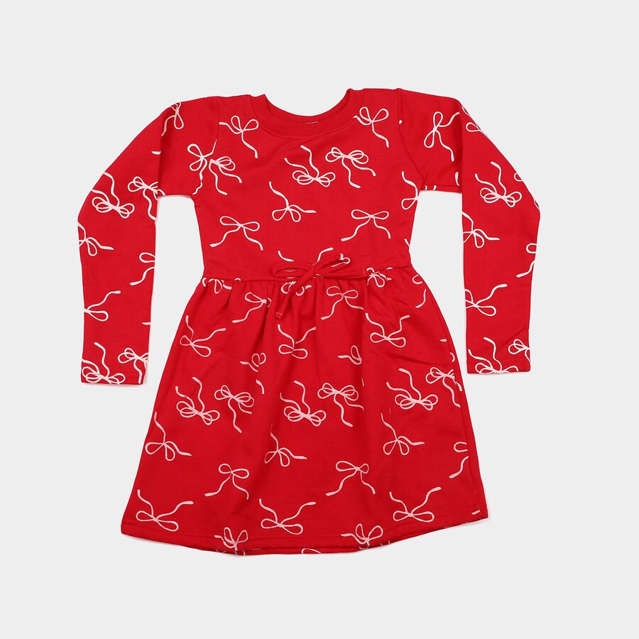 Girls' Red Bow Printed Fit and Flare Frock, Red, large