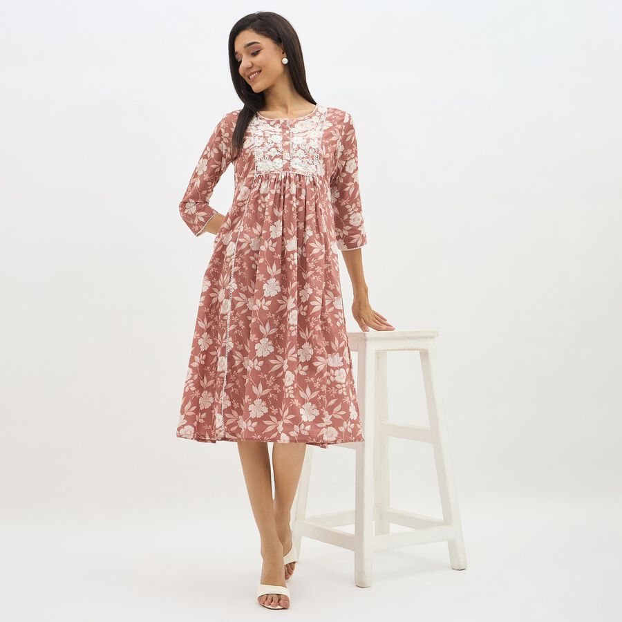 Women's Dusty Rose Pink Cotton Round Neck Embroidered Kurta, Pink, large image number null