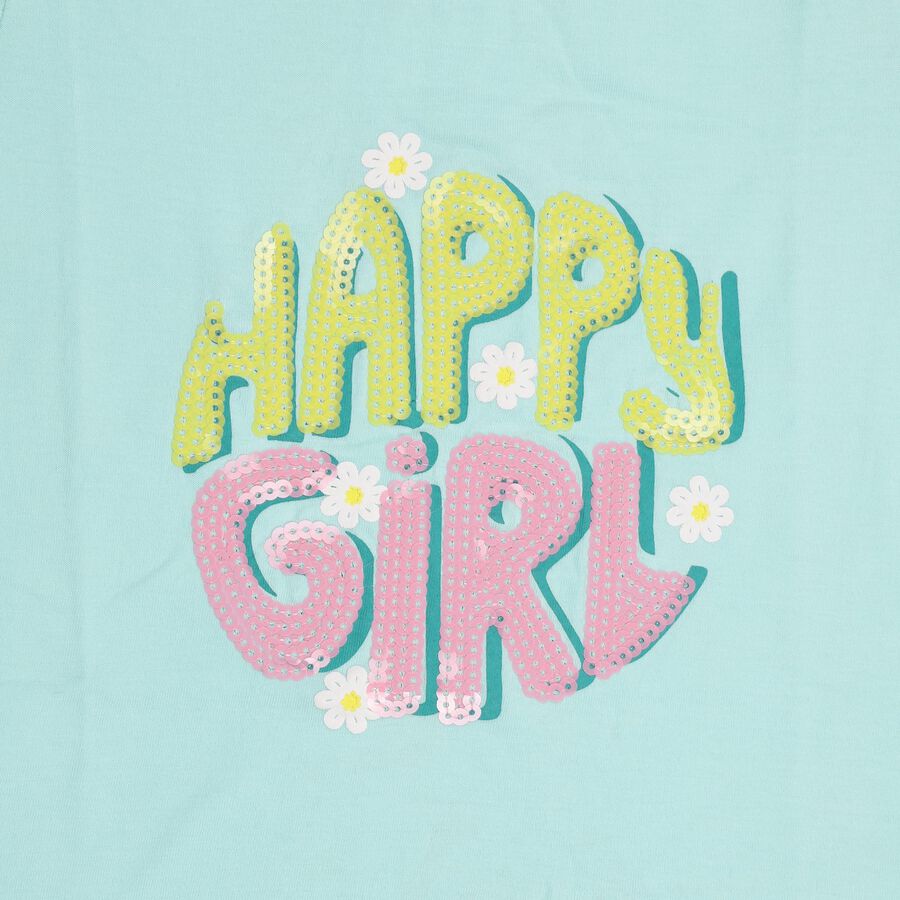 Girls Aqua Blue Cotton Crew Neck Short Sleeve T-Shirt, Aqua, large image number null