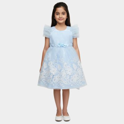 Girls' Light Blue Regular Fit Lace Trim Pocket Frock