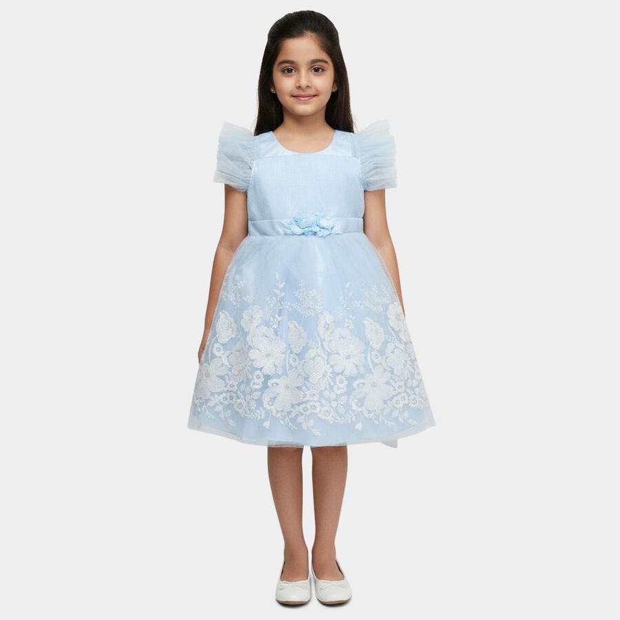 Girls' Light Blue Regular Fit Lace Trim Pocket Frock, हल्का नीला, large