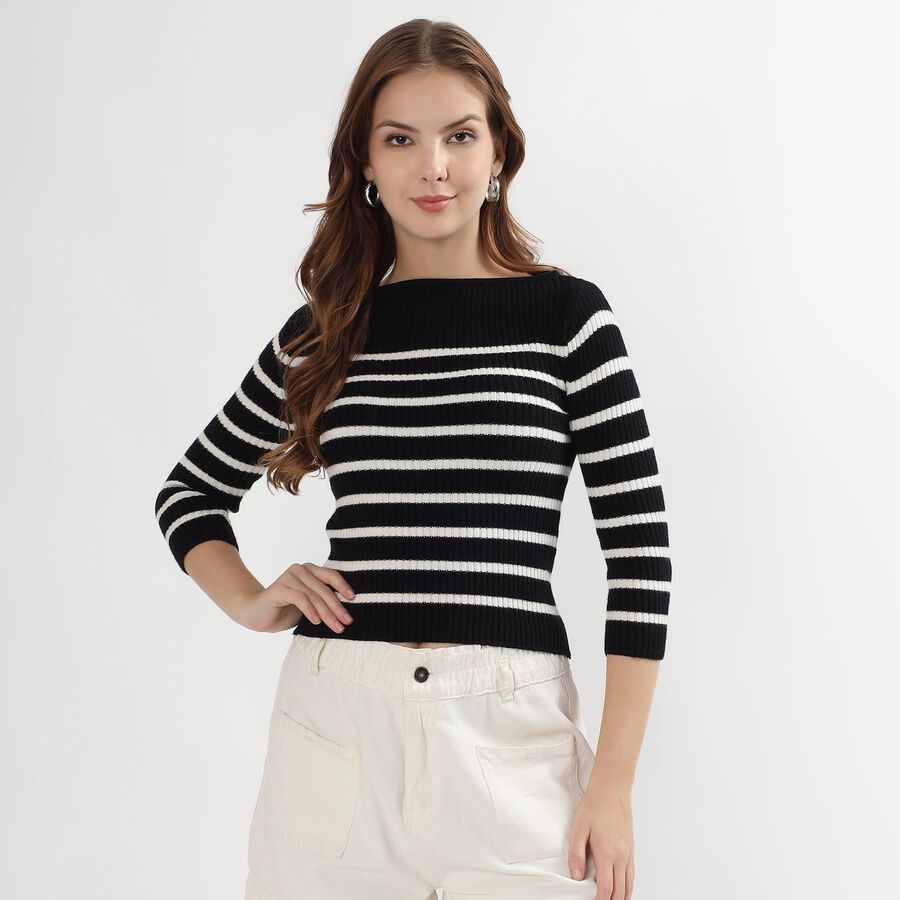 Women's Black and White Boat Neck Striped Top, काला, large