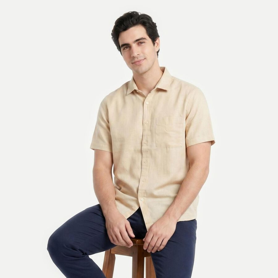 Men's Beige Cotton Regular Fit Casual Shirt, गहरा पीला, large