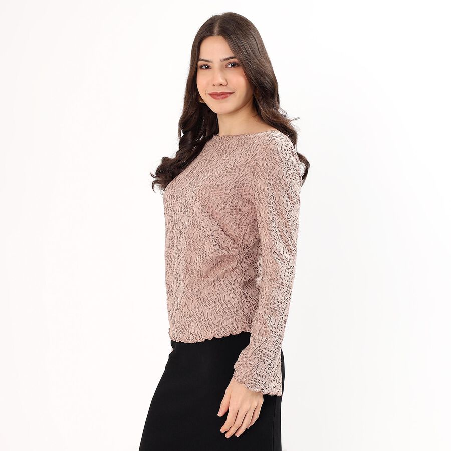 Women's Muted Beige Boat Neck Romantic Top, Beige, large