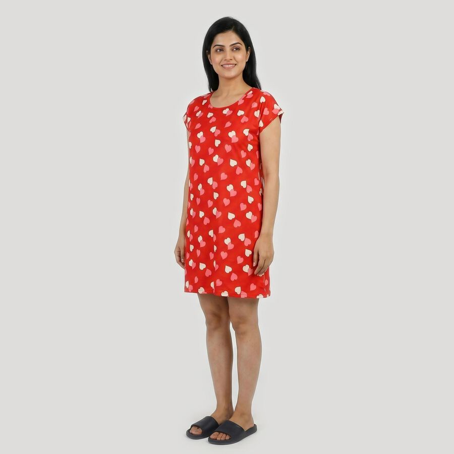 Women's Red Round Neck T-Shirt Style Nighty, Red, large
