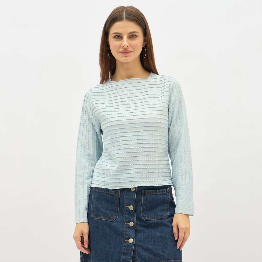 Women's Light Powder Blue Round Neck Casual Top, Light Blue, large image number null