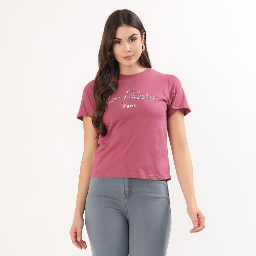 Women's Bright Purple Cotton Round Neck Casual T-Shirt, बैंगनी, large