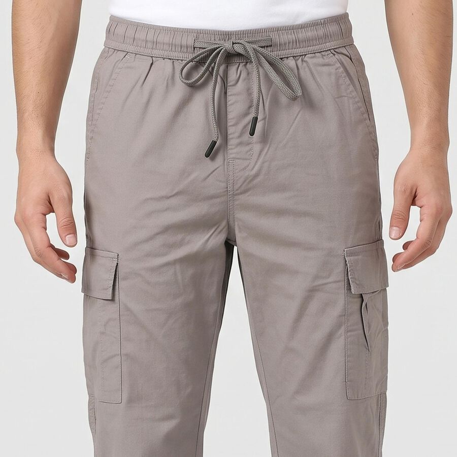 Men's Grey Slim Fit Drawstring Cargo Trousers, हल्का ग्रे, large