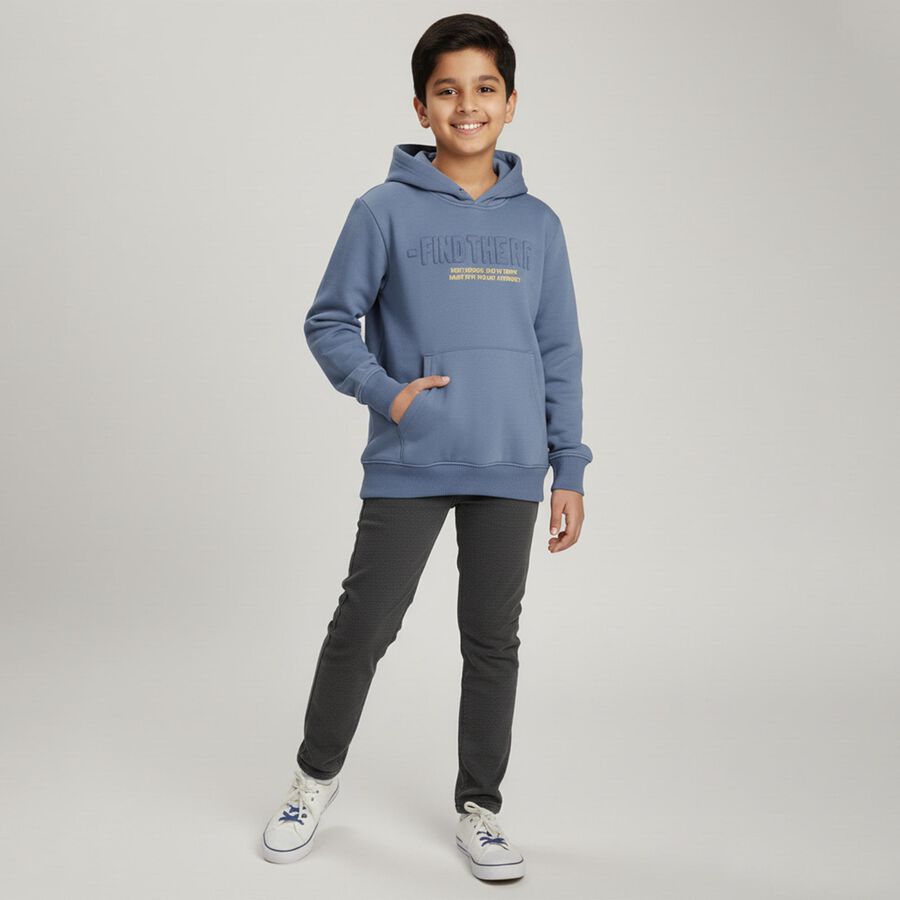 Boys Muted Steel Blue Hooded Neck Casual Sweatshirt, Mid Blue, large image number null